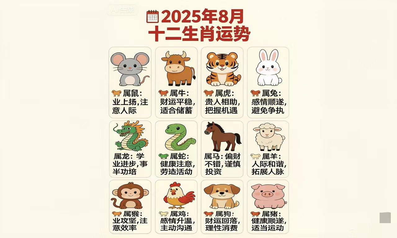 时值乙巳年甲申月(公历2025年8月7日-9月7日),立秋至处暑,金气当令、金木交战。本月天地气场“肃杀革新”。十二生肖运势在流年与月令的共同作用下,呈现出不同的吉凶轨迹。以下结合五行生克与十神动向,按照生肖表十二顺序为您详细解析,旨在知命而为,顺势而行。